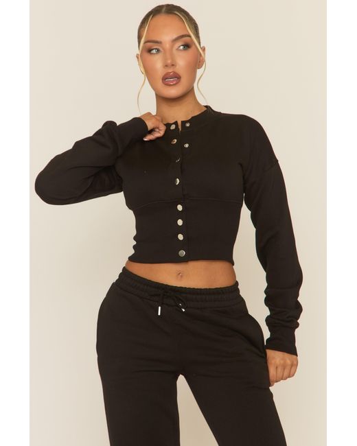Rebellious Fashion Black Popper Front Cinched Waist Sweatshirt And Wide Leg Trousers Loungewear Co-Ord Set