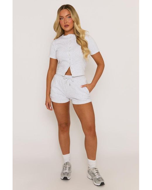 Rebellious Fashion White Marl Rib Button Front Top And Short Loungewear Co-Ord Set