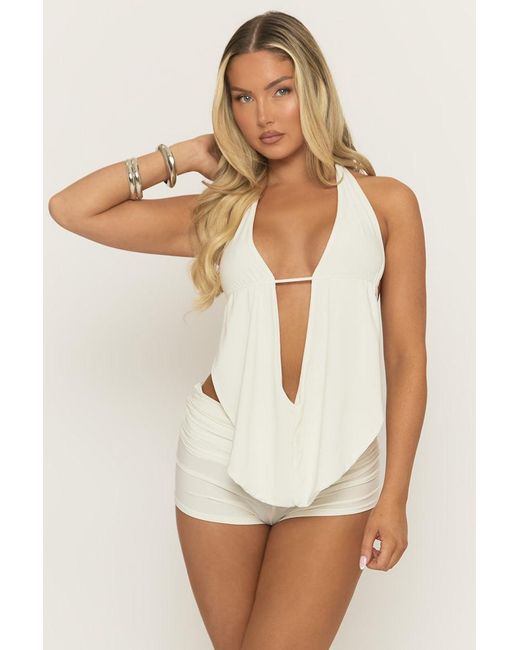 Rebellious Fashion White Slinky Plunge Top And Micro Short Co-Ord Set