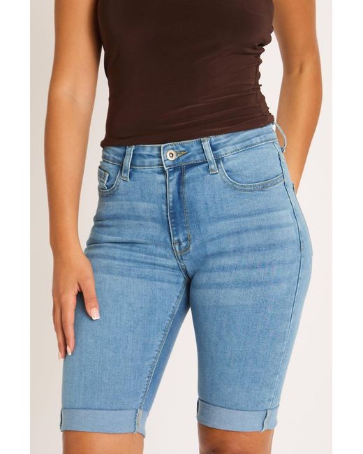 Rebellious Fashion Blue Washed High Waisted Bermuda Denim Shorts