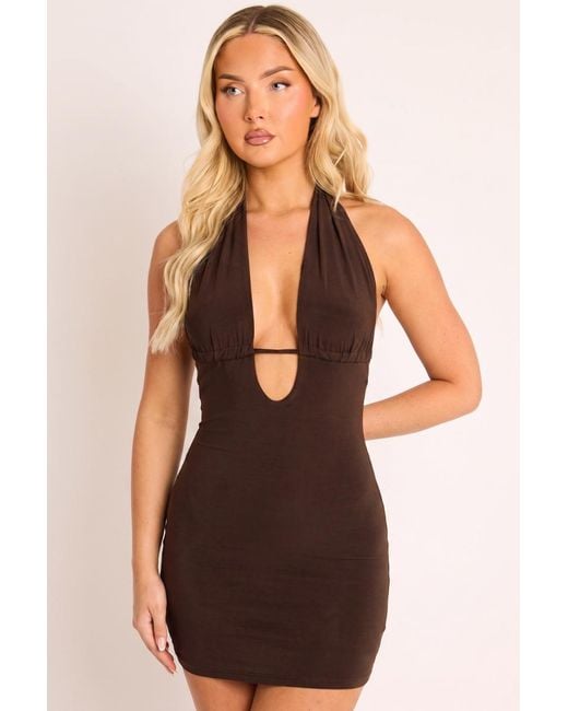 Rebellious Fashion Brown Plunge Keyhole Halter Mini Dress