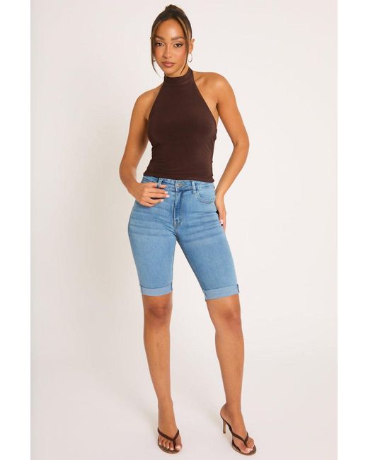 Rebellious Fashion Blue Washed High Waisted Bermuda Denim Shorts