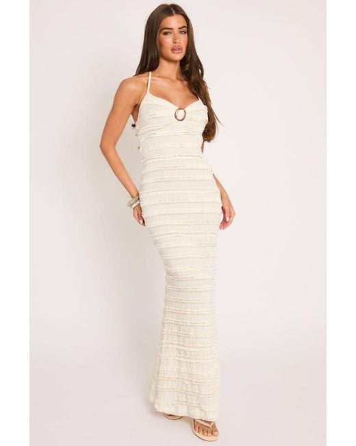Rebellious Fashion Natural Ruffle Trim Detail Halter Maxi Dress