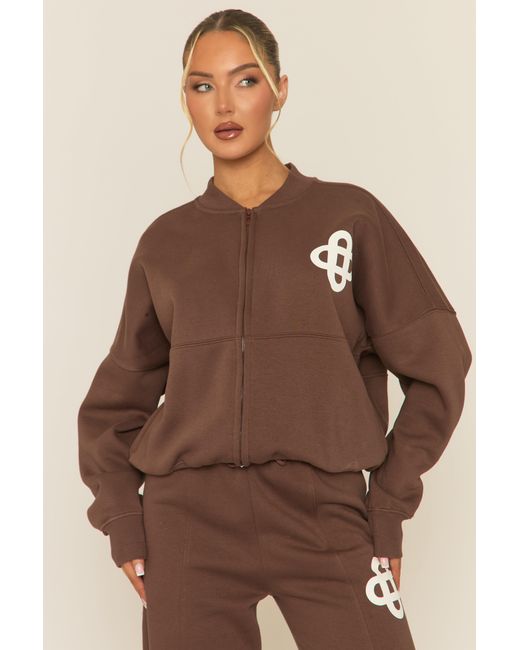 Rebellious Fashion Natural Contrast Motif Zip Front Bomber And Joggers Loungewear Co-Ord Set