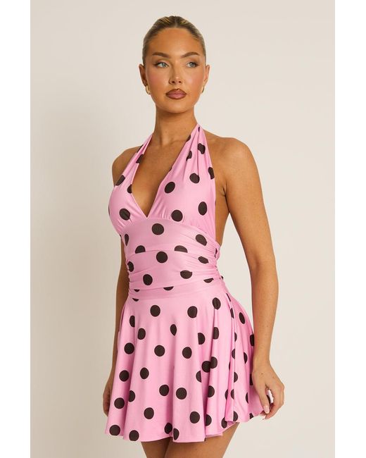 Rebellious Fashion Pink Halter Plunge Neck Mini Dress
