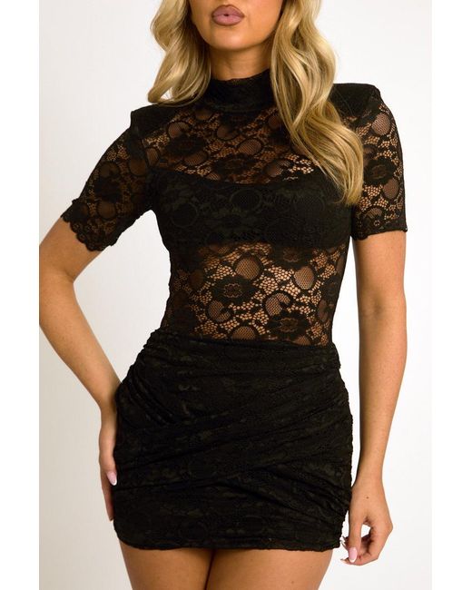 Rebellious Fashion Natural Lace High Neck Wrap Mini Dress