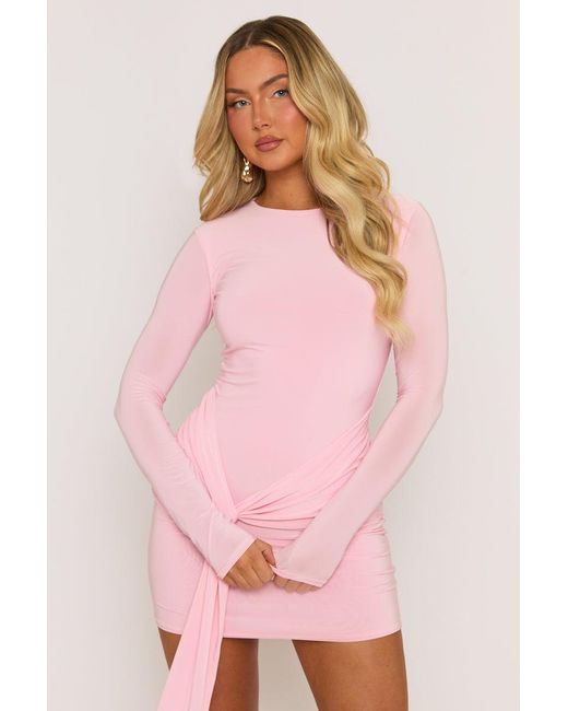 Rebellious Fashion Pink Knot Front Long Sleeve Mini Dress
