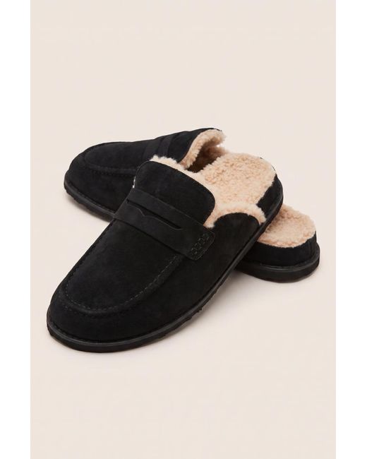 Rebellious Fashion Black Faux Suede Faux Fur Lined Loafer Mules