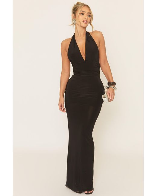 Rebellious Fashion Black Halterneck Tie Back Maxi Dress