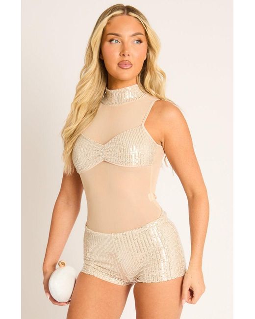 Rebellious Fashion Natural Sequin Mesh High Neck Bodysuit And Shorts Co-Ord Set