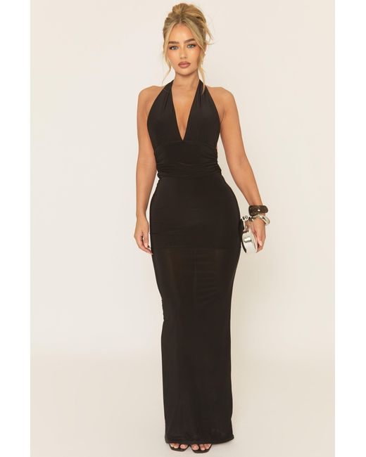 Rebellious Fashion Black Halterneck Tie Back Maxi Dress