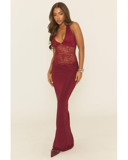 Rebellious Fashion Red Lace Plunge Halterneck Maxi Dress