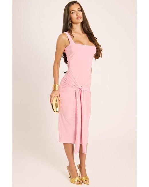 Rebellious Fashion Pink Square Neck Tie Front Midi Dress