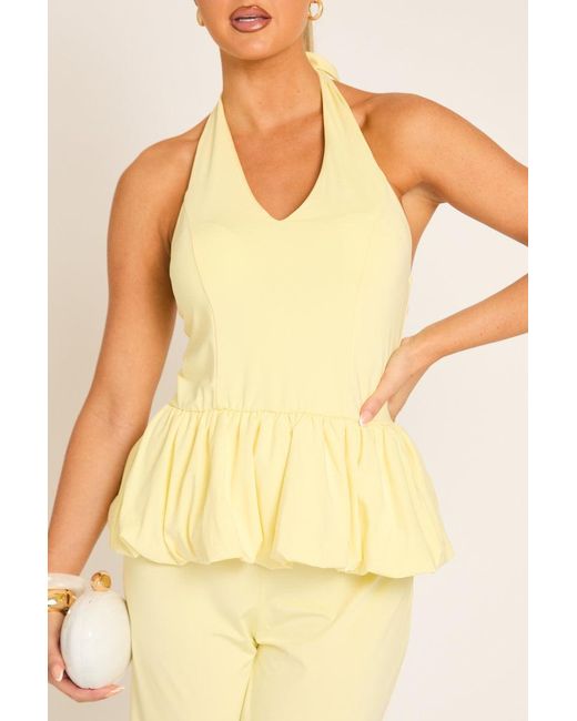 Rebellious Fashion Natural Halterneck Peplum Top And Wide Leg Trouser Co-Ord Set
