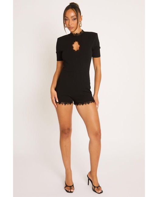 Rebellious Fashion Black Shoulder Pad Lace Trim Playsuit