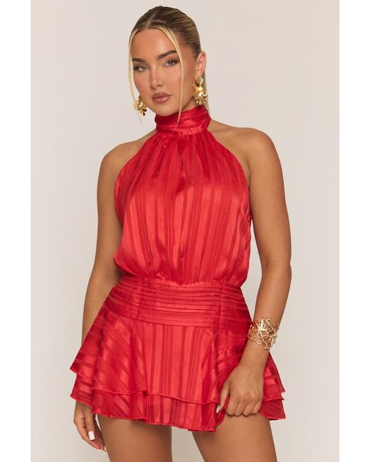 Rebellious Fashion Red Halterneck Blouson Ruffle Mini Dress