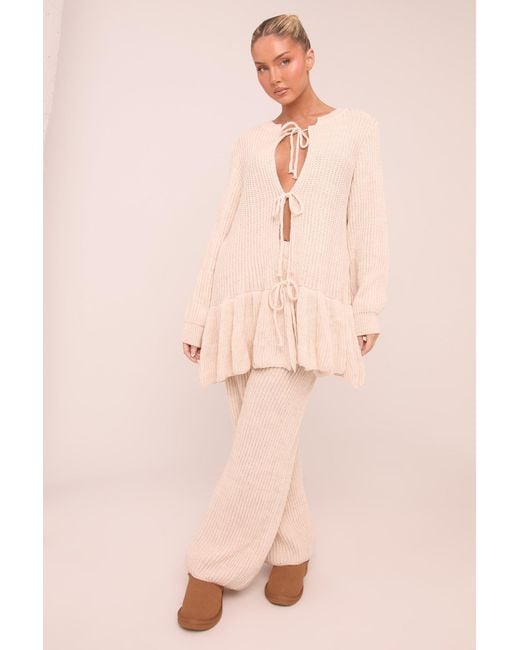 Rebellious Fashion Pink Knit Tie Front Frill Hem Cardigan & Straight Leg Trouser Loungewear Co-Ord Set