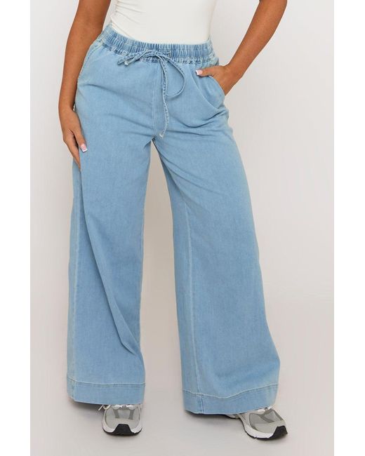 Rebellious Fashion Blue Light Wash Elasticated Waist Wide Leg Jeans