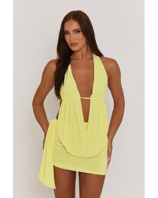 Rebellious Fashion Yellow Plunge Neck Cowl Detail Top & Mini Skirt Co-Ord Set