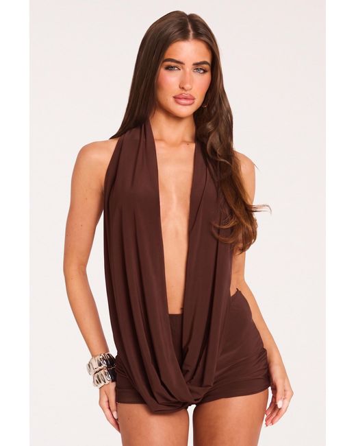 Rebellious Fashion Brown Plunge Top And Micro Shorts Co-Ord Set