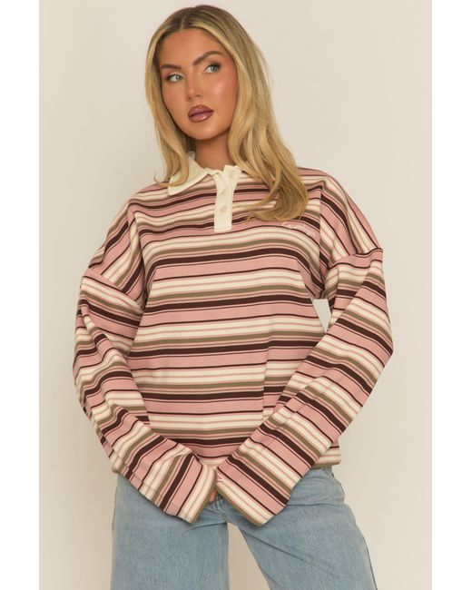 Rebellious Fashion Natural Stripe Long Sleeve Rugby Top