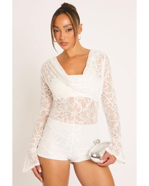 Rebellious Fashion White Cream Lace Cowl Front Micro Playsuit