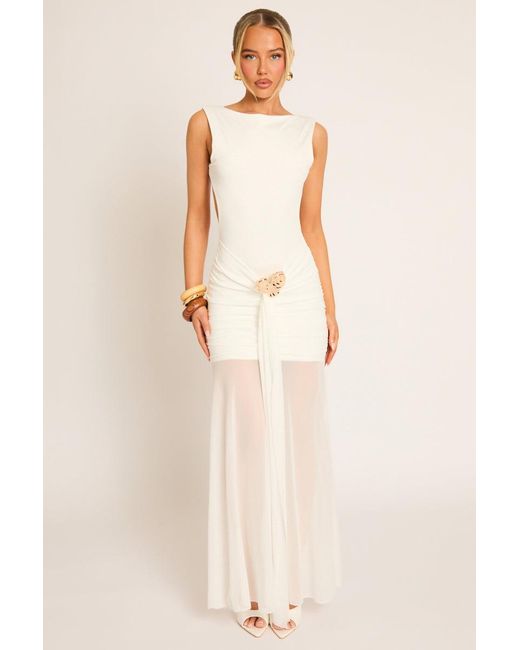 Rebellious Fashion Natural Trim Detail Mesh Overlay Maxi Dress