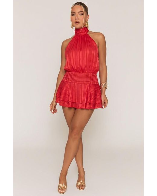 Rebellious Fashion Red Halterneck Blouson Ruffle Mini Dress