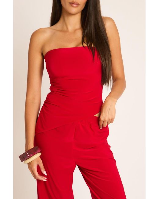 Rebellious Fashion Red Bandeau Asymmetric Top And Wide Leg Trouser Co-Ord Set