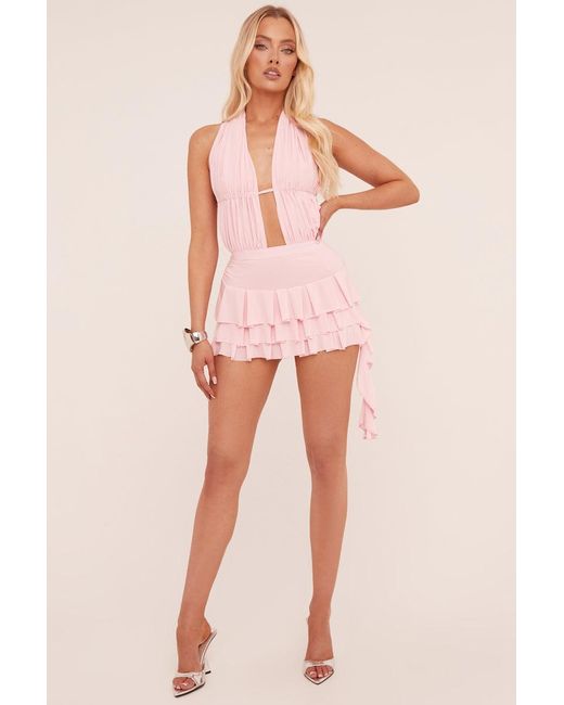 Rebellious Fashion Pink Plunge Neck Frill Detail Mini Dress