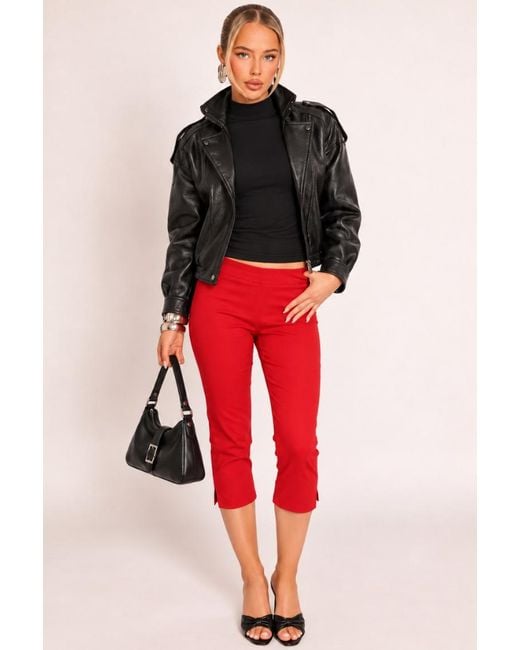 Rebellious Fashion Red Bengaline Split Hem Capri Pants