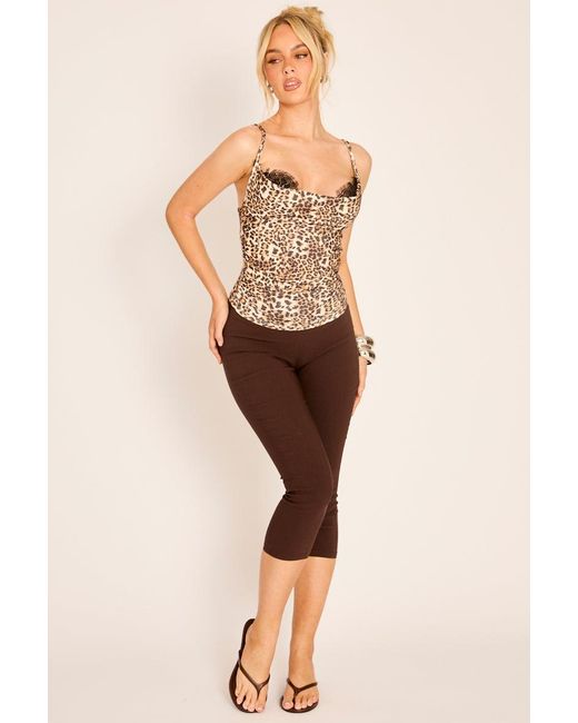 Rebellious Fashion Natural Print Lace Trim Cowl Neck Top