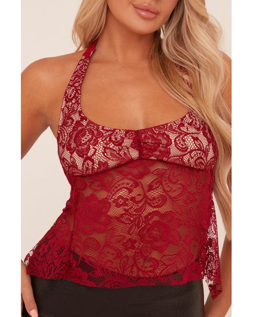 Rebellious Fashion Red Burgundy Lace Halter Neck Cropped Top