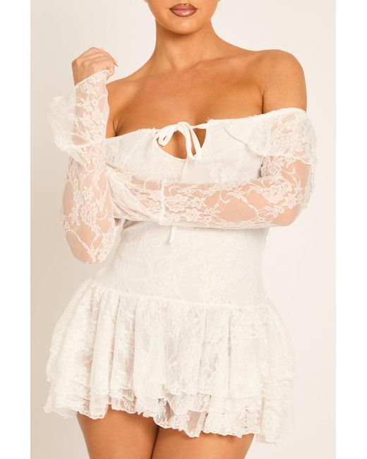 Rebellious Fashion Natural Lace Bardot Frill Mini Dress