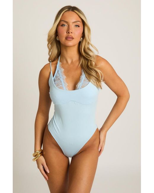 Rebellious Fashion Blue Lace Trim Halter Bodysuit