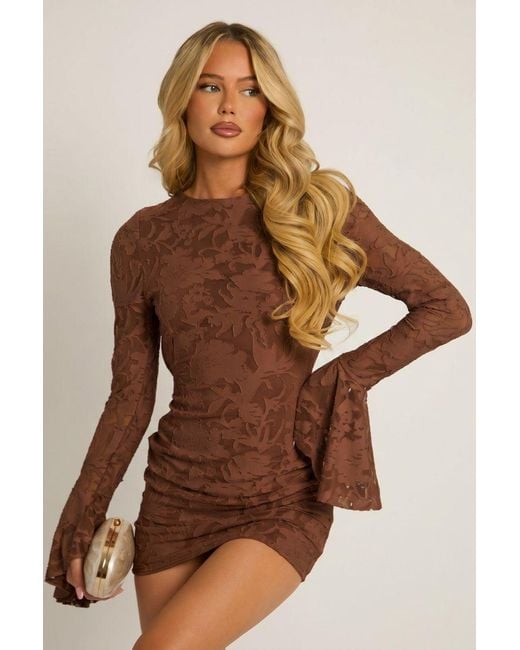 Rebellious Fashion Brown Burnout Floral Flare Sleeve Mini Dress