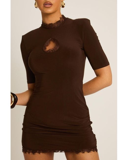 Rebellious Fashion Brown Shoulder Pad Lace Trim Mini Dress
