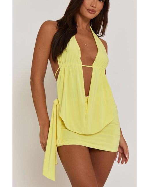 Rebellious Fashion Yellow Plunge Neck Cowl Detail Top & Mini Skirt Co-Ord Set