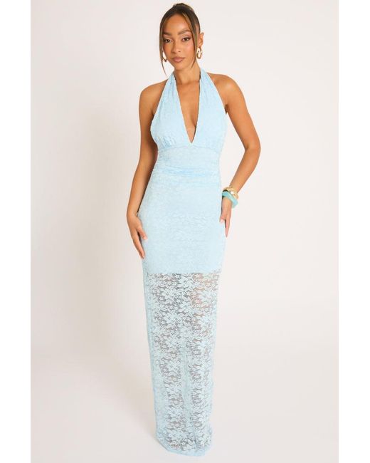 Rebellious Fashion Blue Lace Halter Neck Plunge Tie Back Maxi Dress