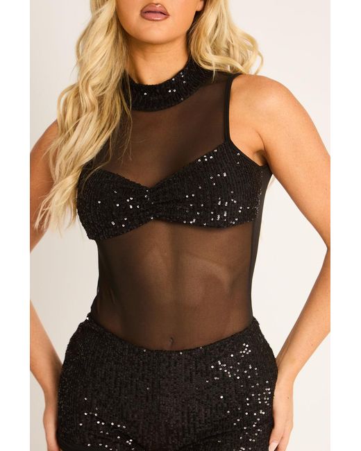 Rebellious Fashion Black Sequin Mesh High Neck Bodysuit And Shorts Co-Ord Set