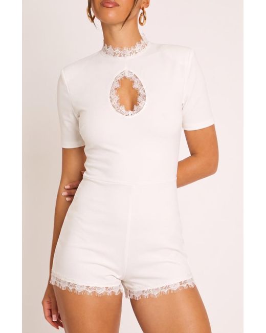 Rebellious Fashion White Shoulder Pad Lace Trim Playsuit