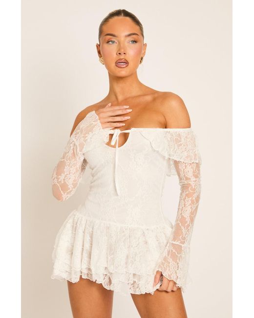Rebellious Fashion Natural Lace Bardot Frill Mini Dress