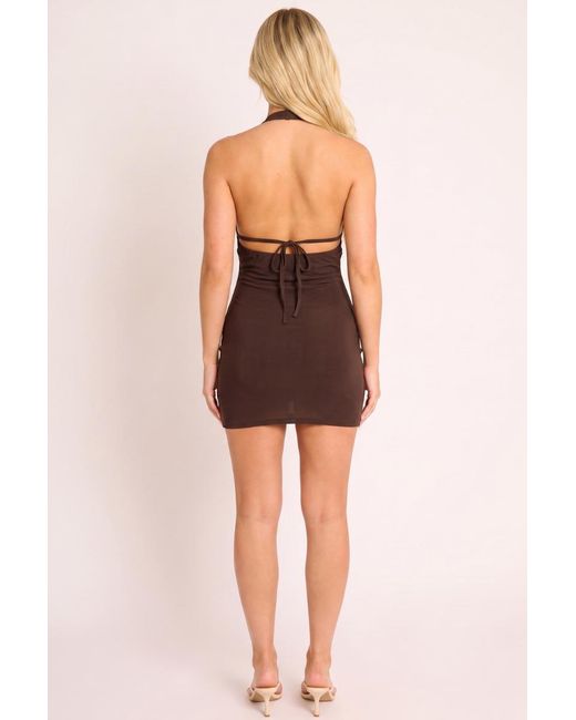 Rebellious Fashion Brown Plunge Keyhole Halter Mini Dress