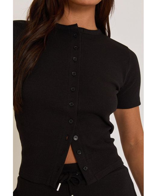 Rebellious Fashion Black Rib Button Front Top And Short Loungewear Co-Ord Set