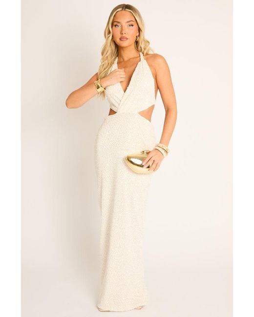 Rebellious Fashion Natural Sequin Wrap Cut Out Halter Maxi Dress