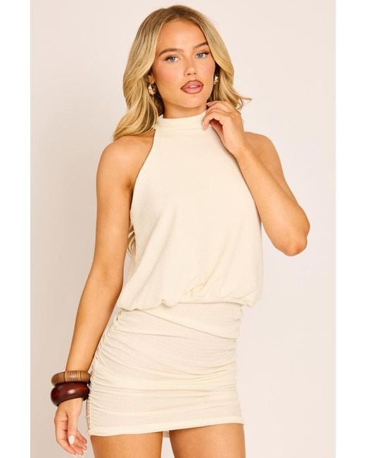 Rebellious Fashion Natural Textured Halter Blouson Mini Dress