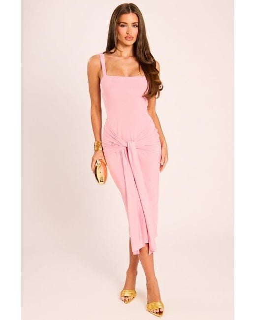 Rebellious Fashion Pink Square Neck Tie Front Midi Dress