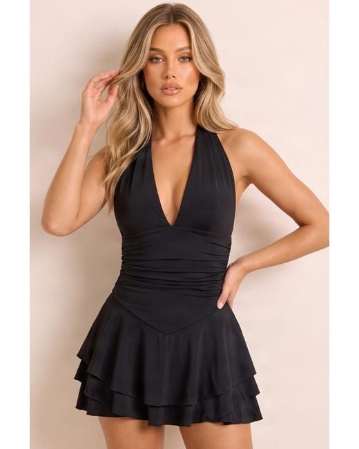 Rebellious Fashion Black Slinky Halterneck Flippy Skort Playsuit