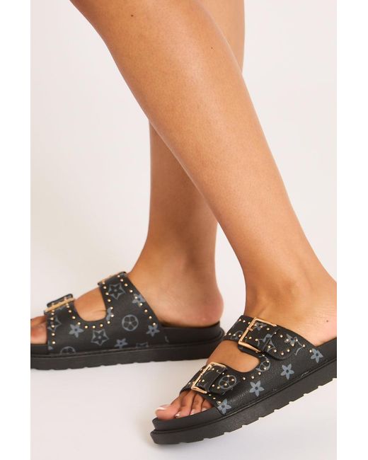Rebellious Fashion Black Faux Leather Logo Monogram Studded Sandals