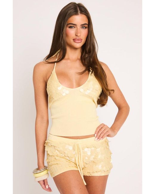 Rebellious Fashion Natural Knit Sequin Halter Top And Shorts Set